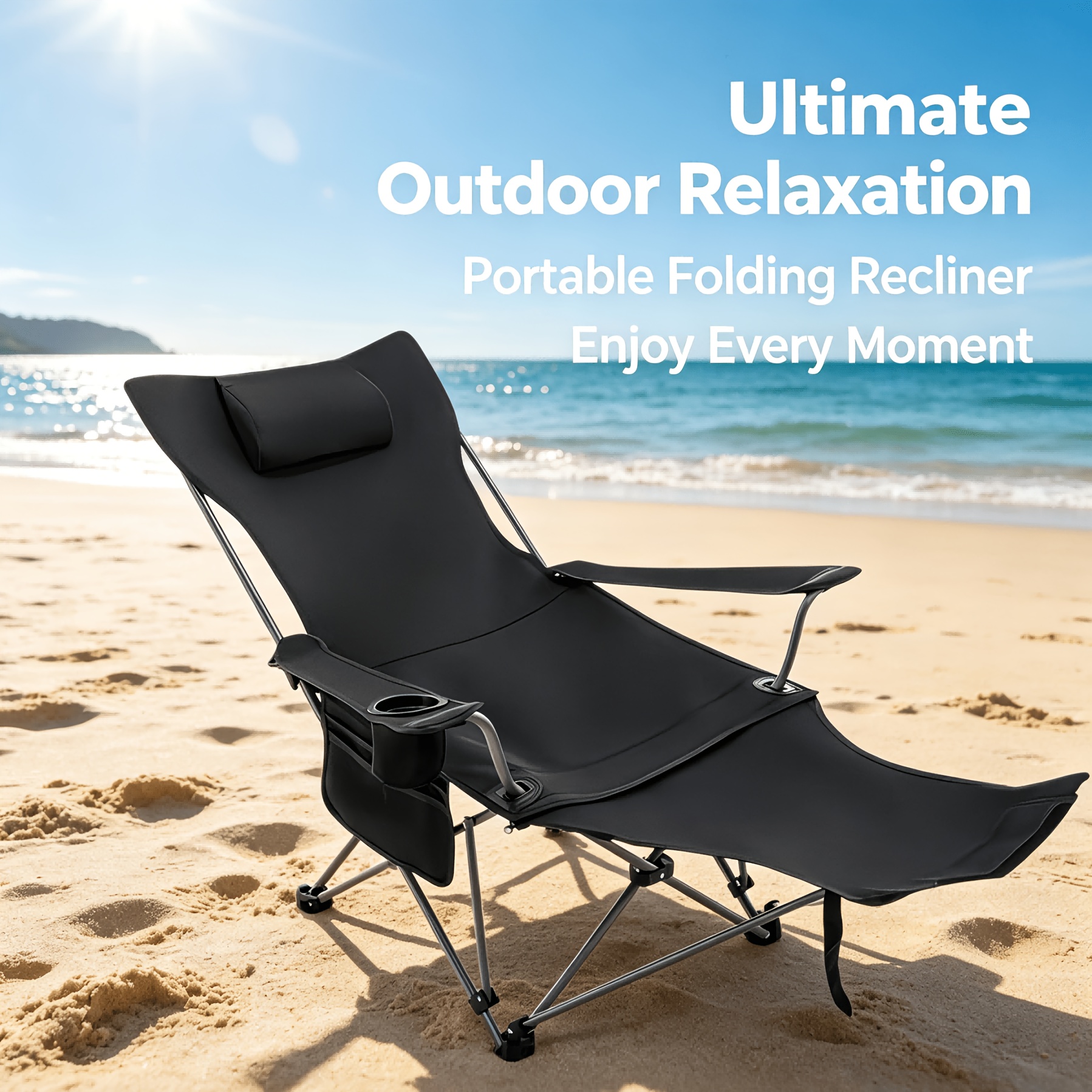 Image of Padded Folding Lounge Chair, Portable Camping Fishing Chair With Adjustable Back, Footrest, Cup Holder, Ideal For Beach, Pool & Outdoor Sunbathing