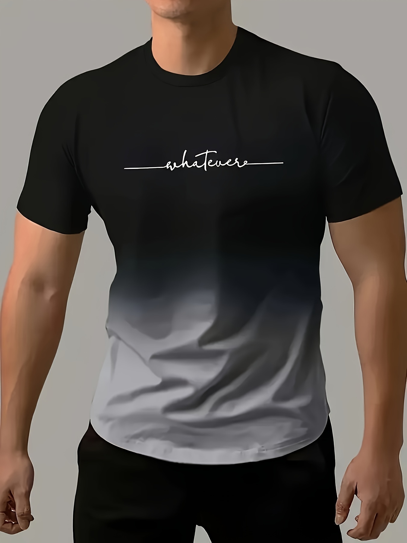 Whatever" Print Gradient Crew Neck T-Shirt For Men Trendy Casual Short Sleeve Top Men's Tee For Summer Outing