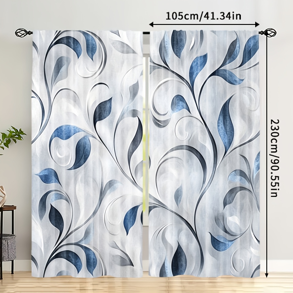 TEMU 2 pièces, Rideaux Paysage Naturel, Feuille Bleue, Polyester, pour Diverses Pièces - Décoration de Fêtes Familiales Saisonnières ( tringle)