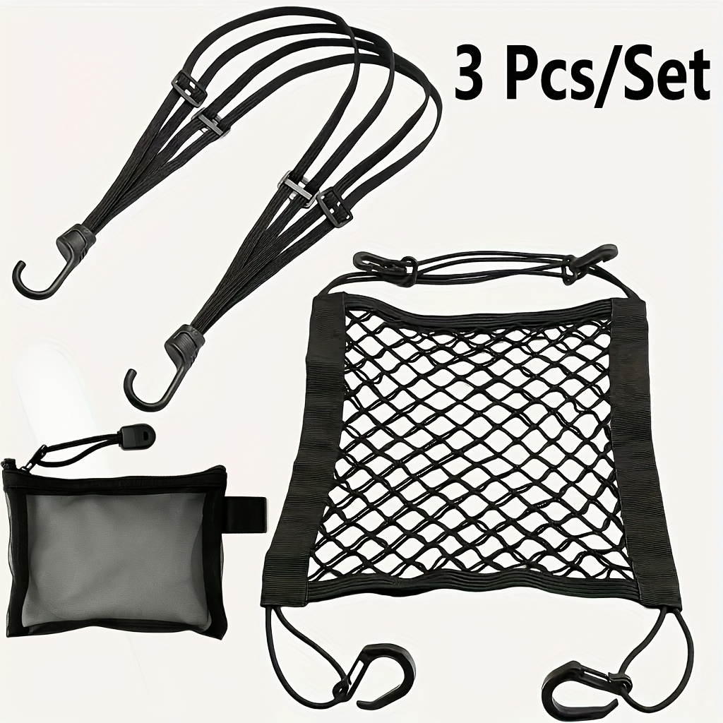 TEMU 3pcs Set, 2 Elastic Straps   1 Storage Bag, Motorcycle And Bicycle Helmet Net Pocket Fixing Straps, Car Rear Seat Isolation Net, Black Mesh