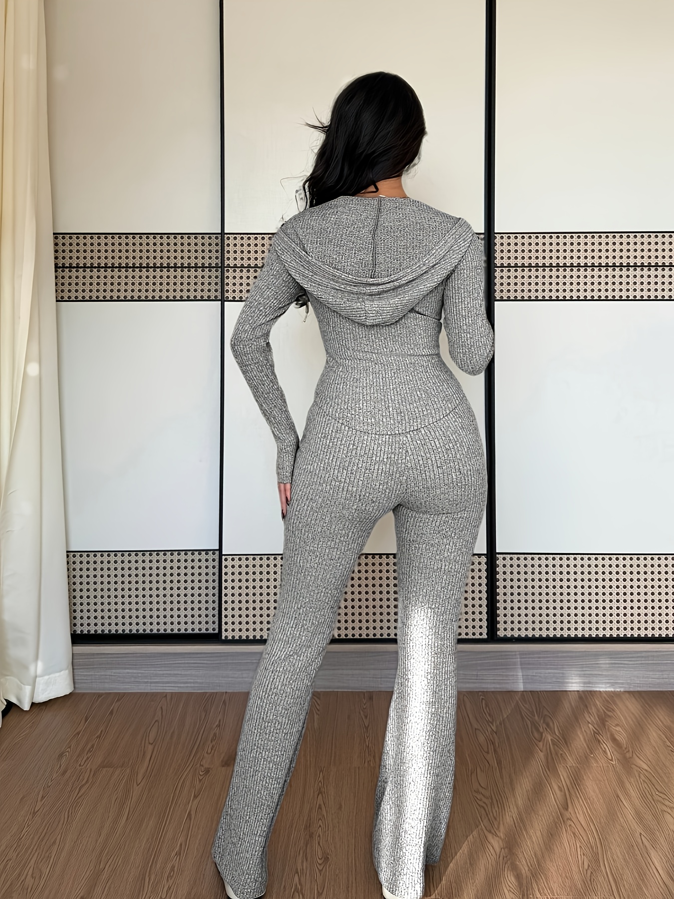 Women's Casual Two-Piece Set with Pockets Hooded Zip-Up Waist Jacket and Ribbed Flared Pants