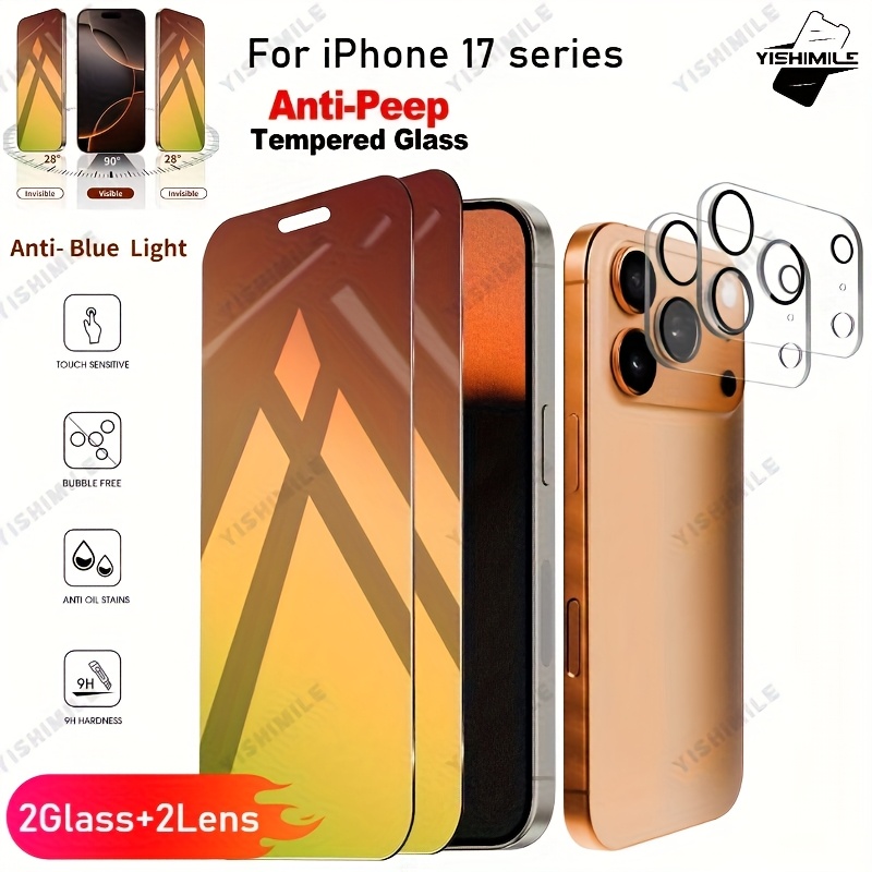 TEMU 4in1 2pcs Privacy Screen Protector+2pcs Lens Protector, Anti-blue Light, Scratch-resistant, Full Coverage, Gradient Green, With Tempered Glass