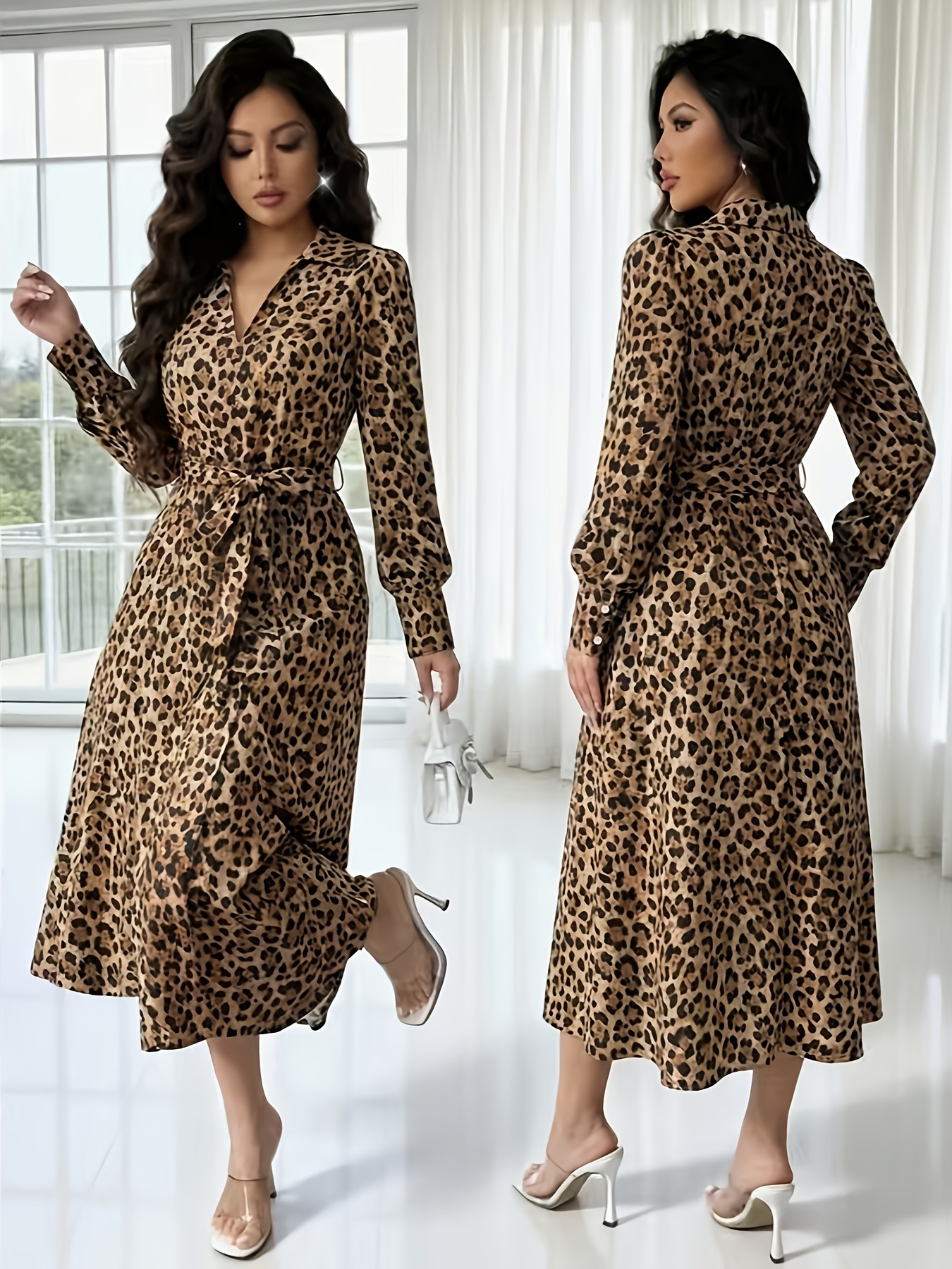 Women's Elegant Vintage Spring Autumn V-Neck Printed Shirt Dress With Hidden