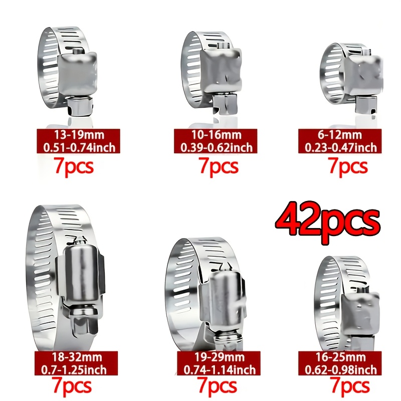 TEMU 42pcs Adjustable Stainless Steel Hose Clamp Set, Hose Clamp Combination, Size Range 1/4" To 1-1/8" (6-32mm), Suitable For Automotive Pipeline