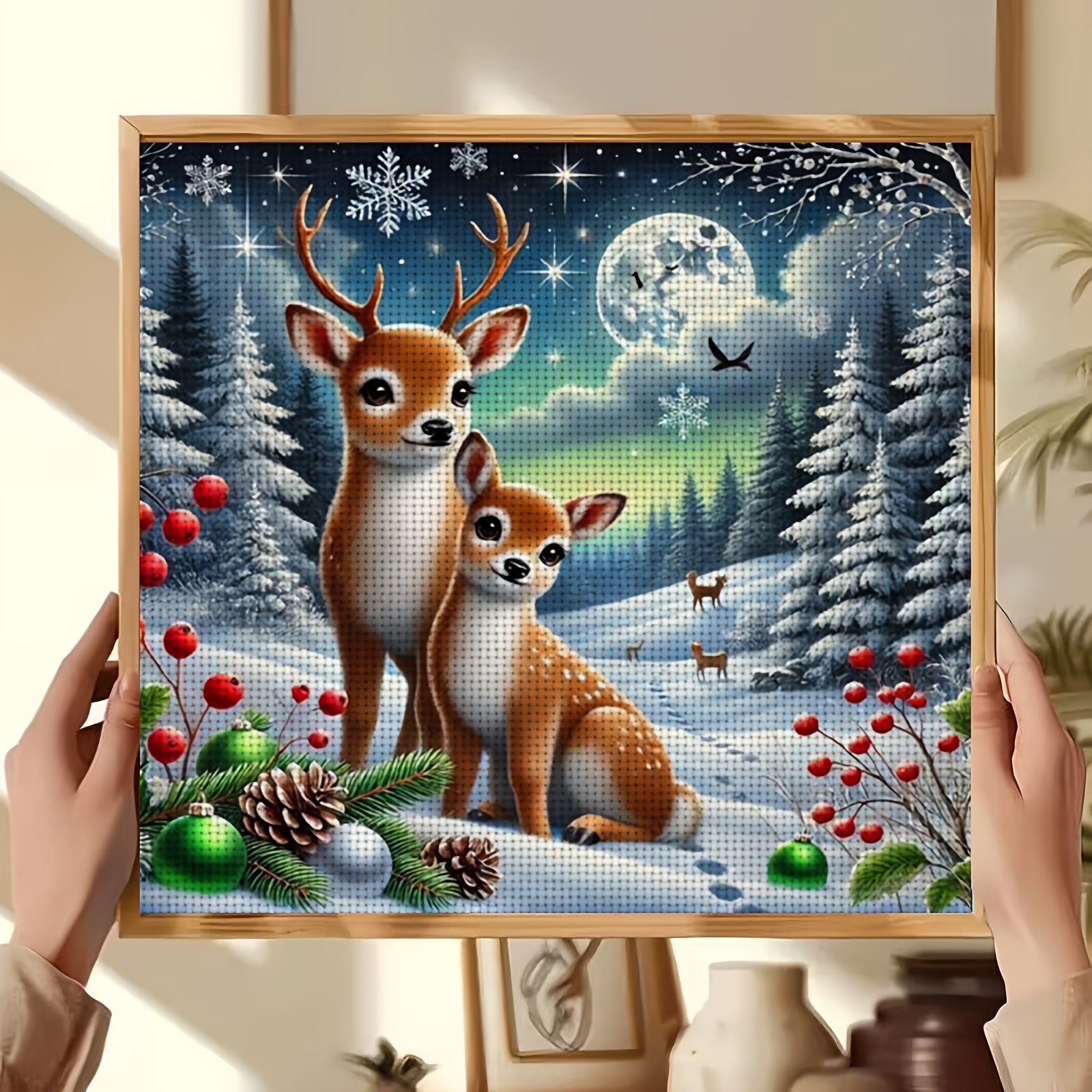 "Christmas Winter Night with Two Deer" Cross Stitch Kit, Perfect for Beginners