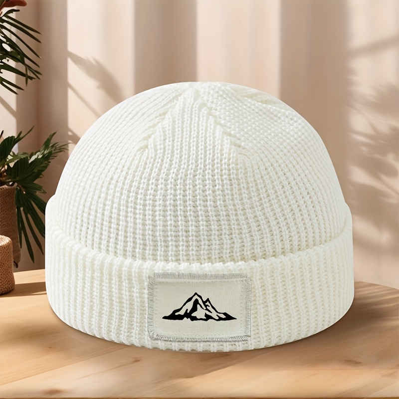 E-shop Strickmütze aus Melonenschale mit Bergspitzen-Aufnäher, weiche, bequeme warme randlose Mütze für Herbst/Winter für Freizeit im Freien, Sport,