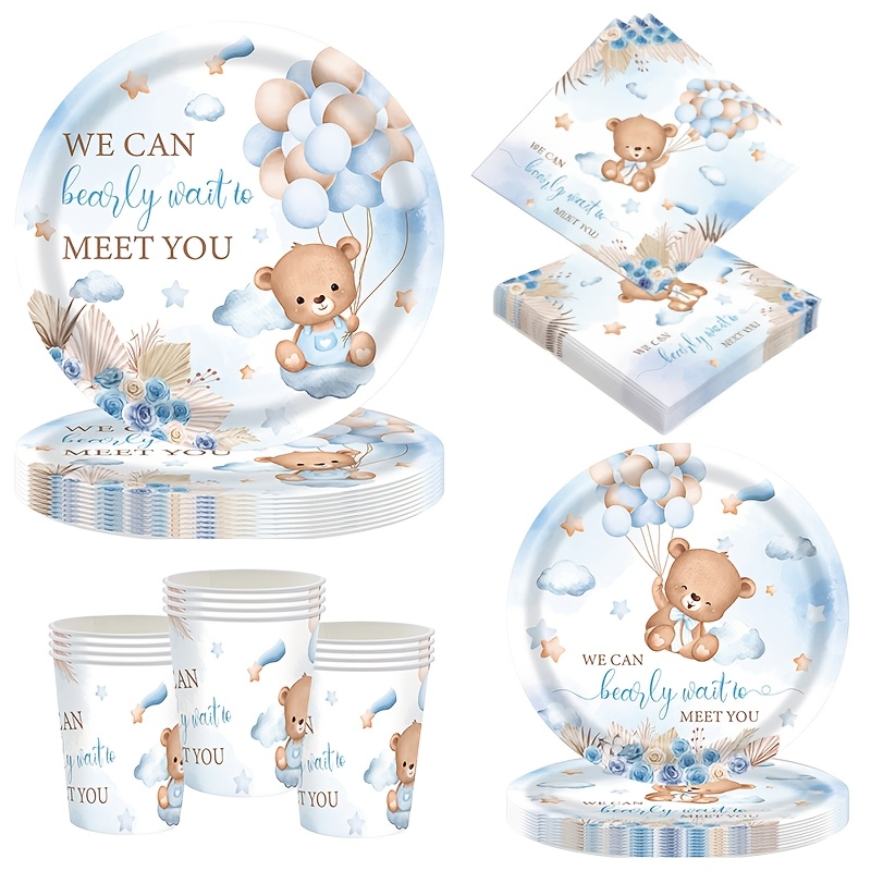Image of 60pcs Blue Bear Party Supplies Set With Plates, Napkins, Cups & " Bearly Wait" Decorations - Adorable Shower, Gender Reveal, Wedding & Party Decor For & (complete Kit) I Perfect For Halloween