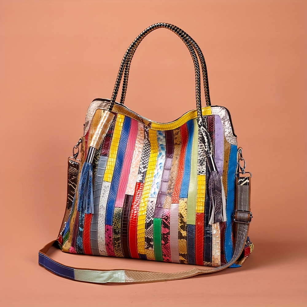 2025 new bohemian snake print genuine leather tote bag for women adjustable crossbody shoulder bag with zipper closure large capacity vibrant color stripes polyester lining casual vacation handbag 4