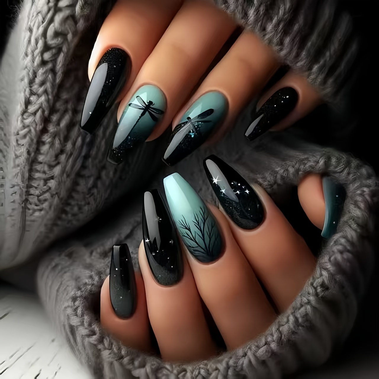 TEMU Lot de 24 faux ongles à pression dégradé noir-vert, art d'ongle ciel étoilé de nuit avec arbre , pointes d'ongles artificielles pointues style