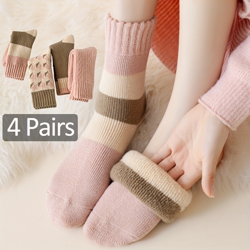 

4pcs Women's Thick Warm Mid-calf Socks For Fall/winter - Cozy Towel Bottom, Diamond Pattern, Outdoor Hiking & Casual