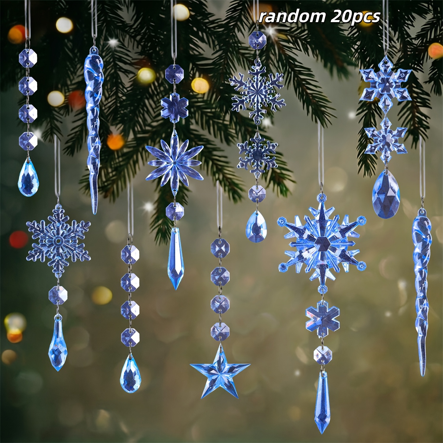 TEMU 2d Flat, 20pcs Pack (random Assortage) Crystal Acrylic Snowflake & Icicle Reindeer Ornaments Suitable For Xmas Tree, Winter Wedding, Home Party