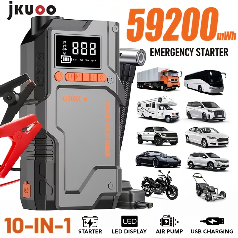 TEMU Heavy-duty Emergency Jump Starter With Air Compressor, 16000a Current, 180psi Air Compressor, Built-in High-capacity Battery, With 3-mode Led