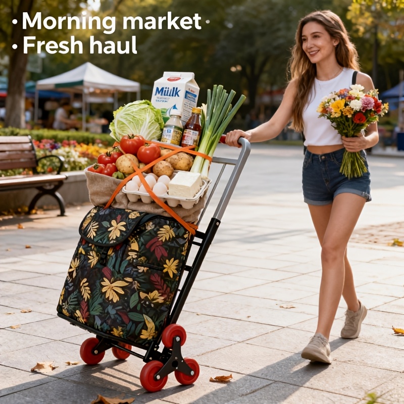 2-In-1 Folding Shopping Cart, Extra Large Folding Rolling Cart with Side Pockets, Removable Waterproof Bag, Climbing Wheels And Durable Large Stainless Steel Wheels, Grocery Cart, Easy Manual Transport