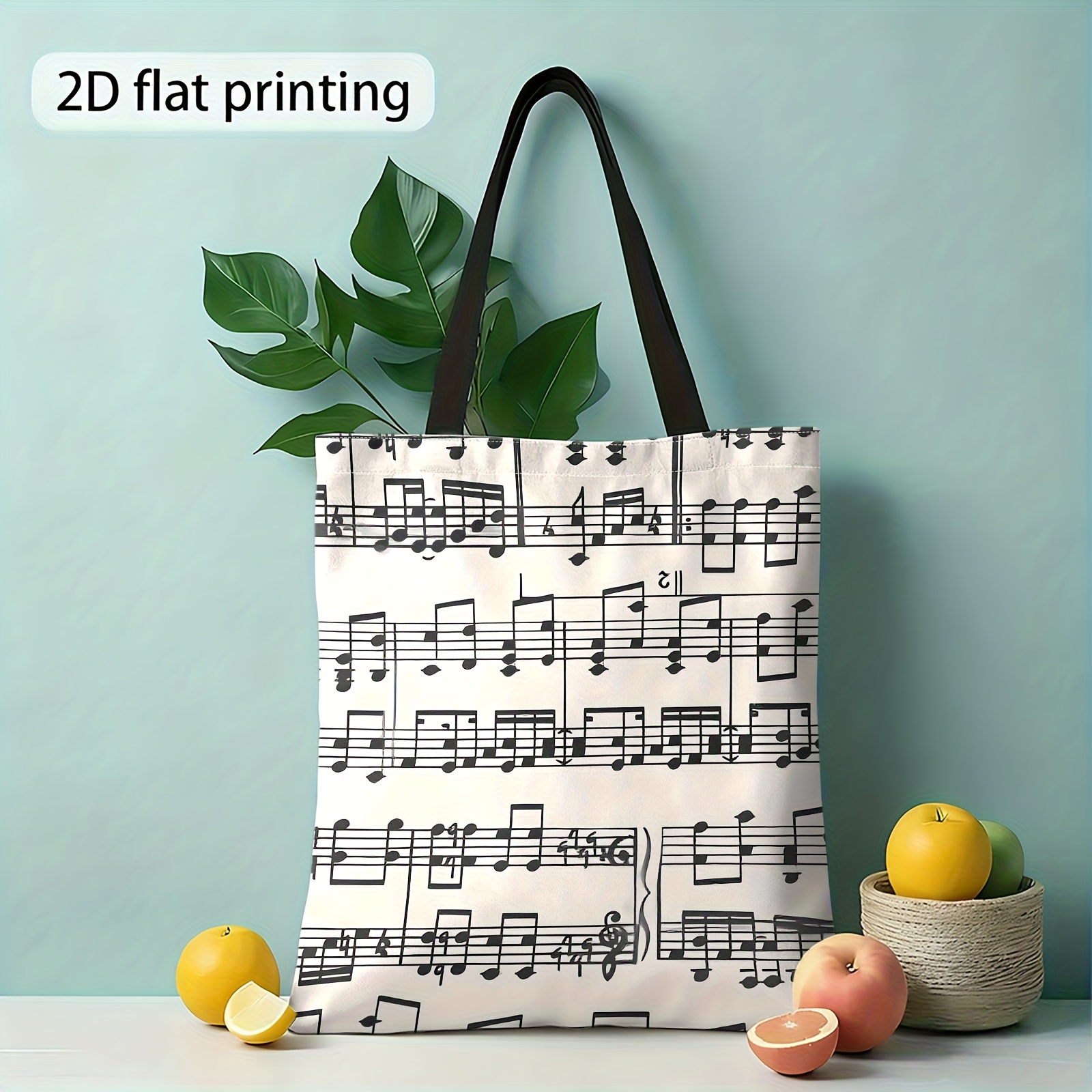 Image of 2d Printed Tote Bag With Sheet Music And Musical Notes, Reusable Shopping Bag And Women's Shoulder Bag For , Ideal Gift