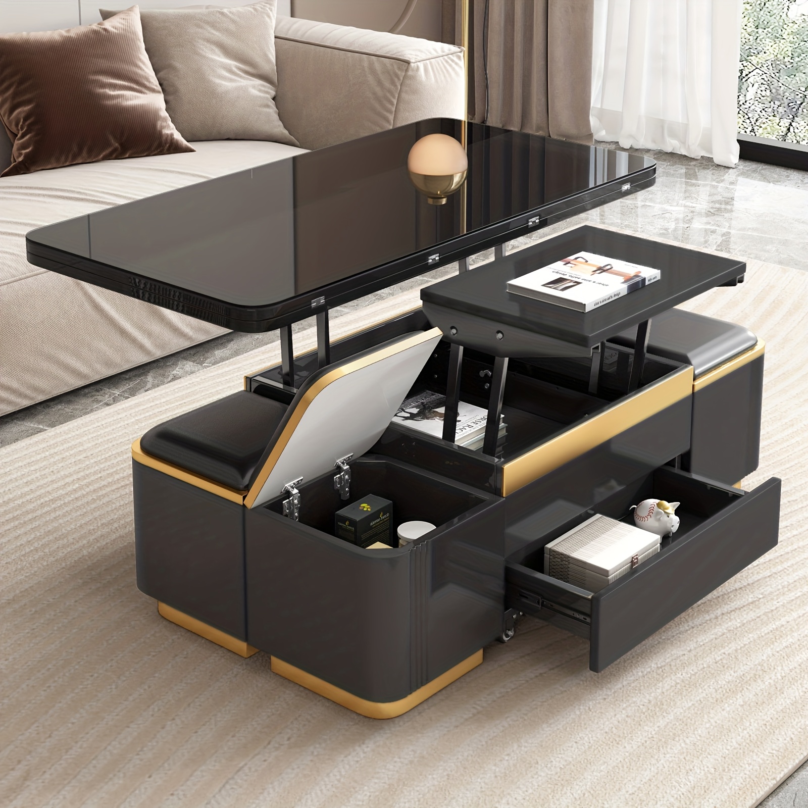 E-shop Multifunktionaler Lift-Couchtisch, Couchtisch mit 4 Aufbewahrungshockern und ausziehbarer Tischplatte, zentraler Wohnzimmertisch und