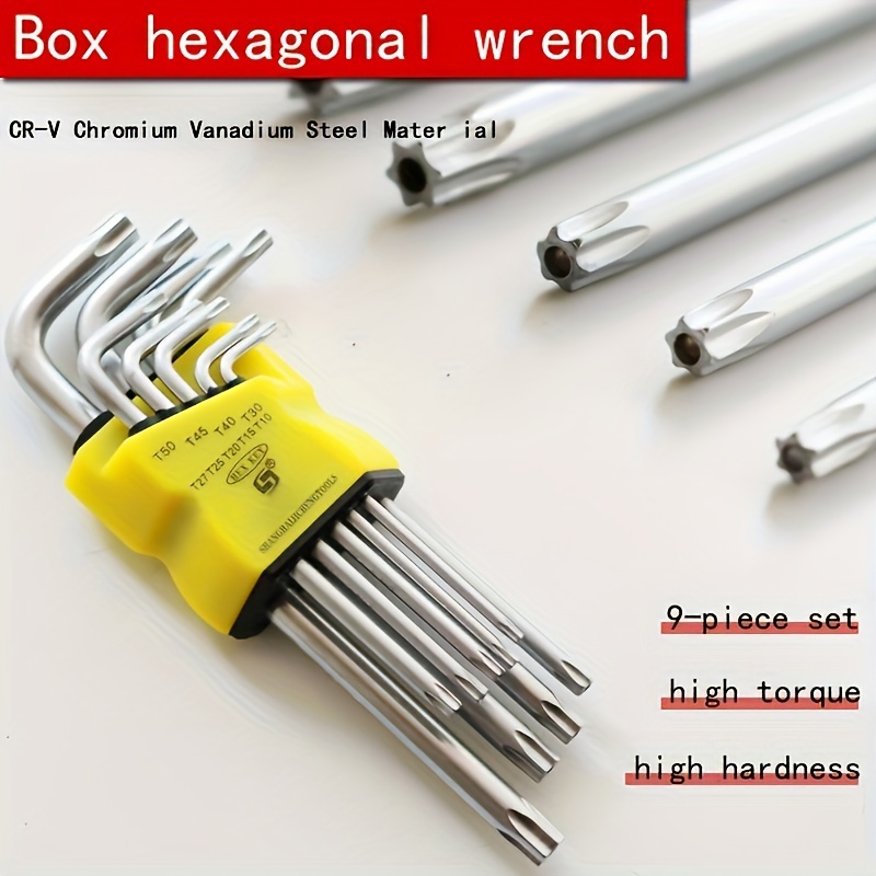 

9-piece Hex Key Set, Star-shaped Torx End, Cr- Alloy, High-torque L-shape Allen Wrench Set, Mechanical Hand Tool, No Electricity Needed