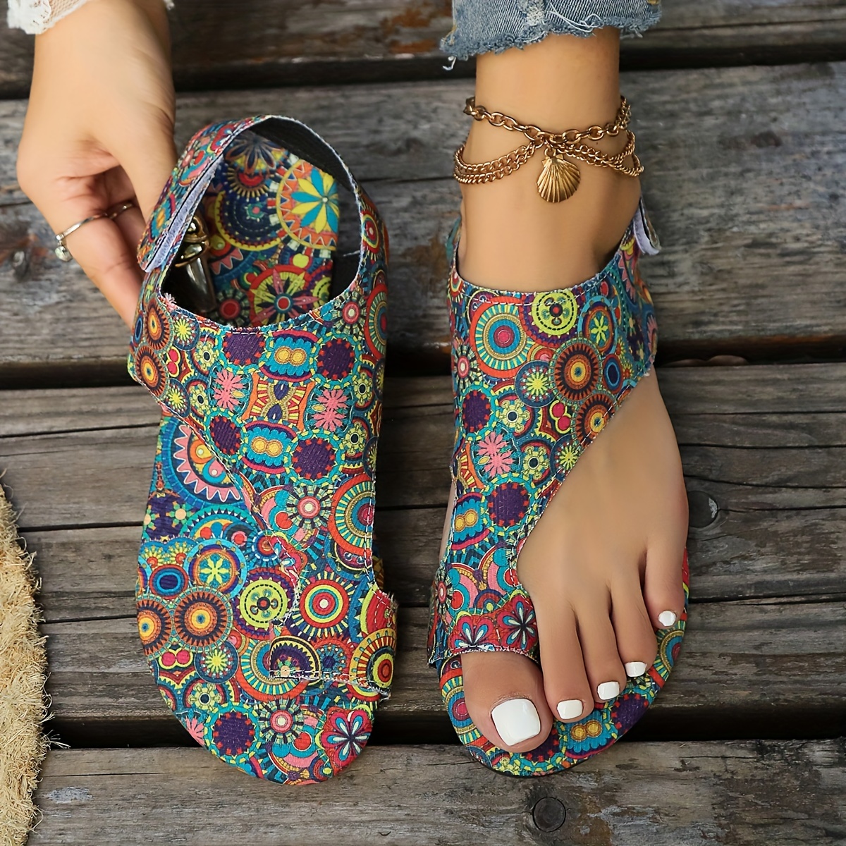 boho chic womens floral flat sandals with hook and loop fastener closure open toe summer fashion slides details 4