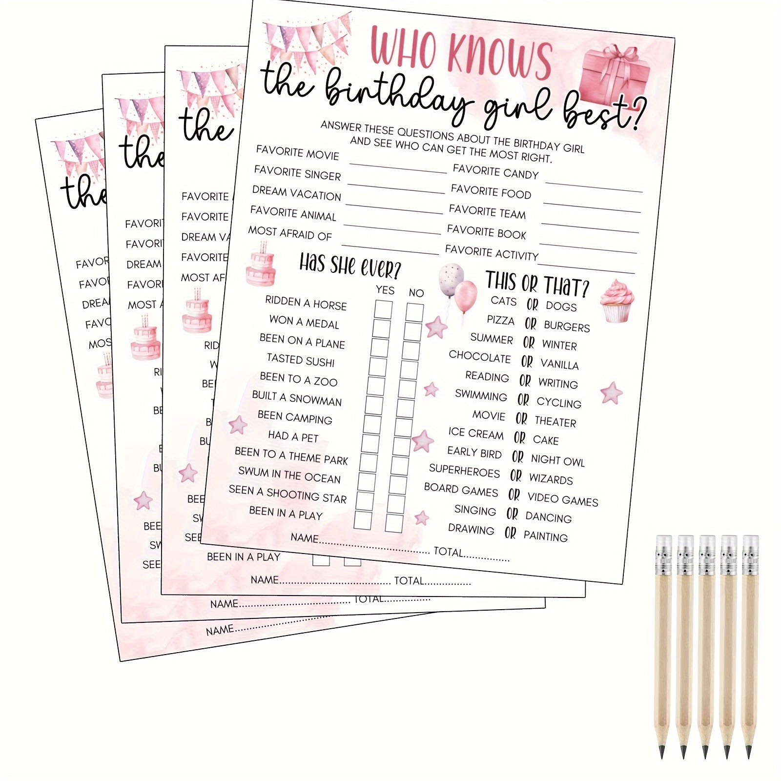 

25pcs Birthday Party Games, Who Knows The Birthday Girl Best Game Cards 5*7in And Pencils, Fun And Easy Game For Party - Girl Birthday Supplies, Activity, Decorations
