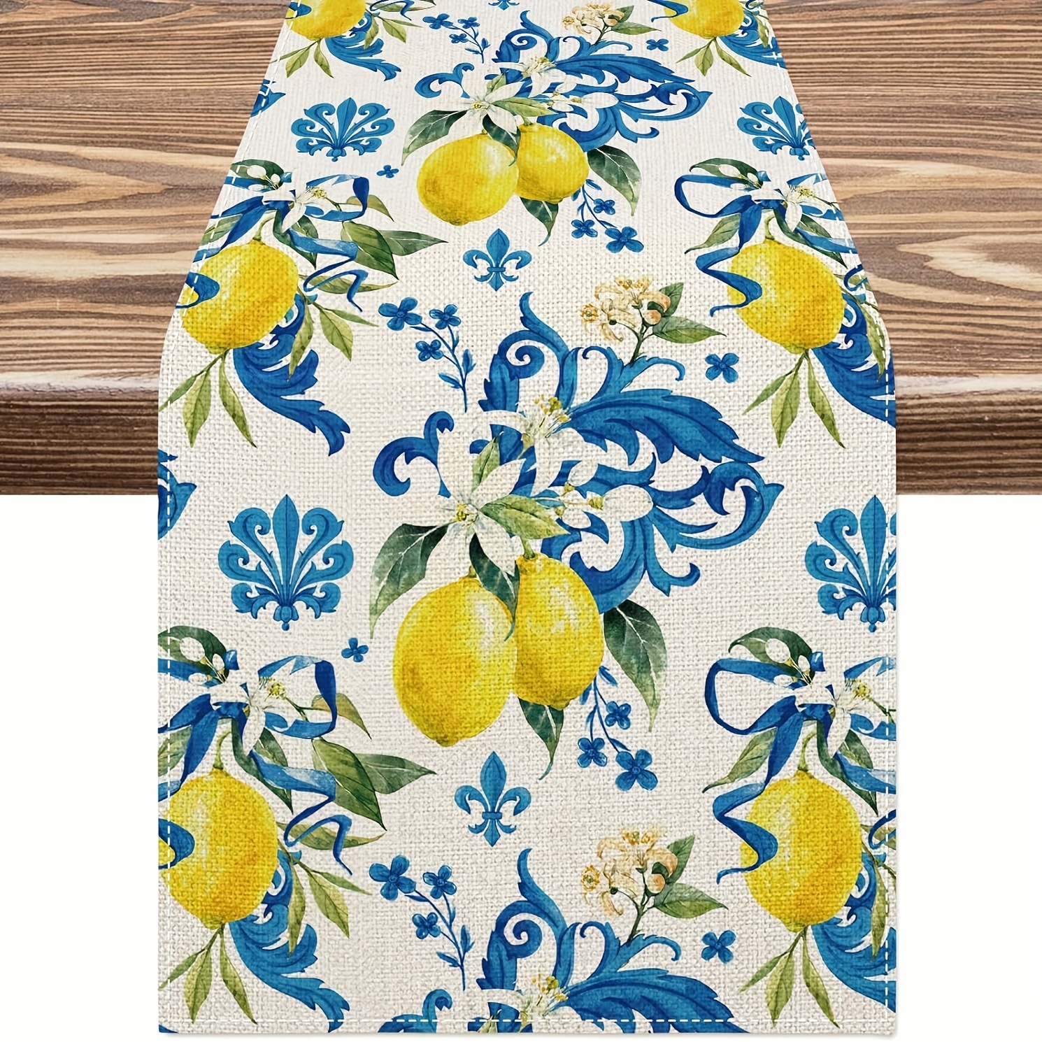 

1pc, Table Runner, Blue Plant And Lemons Pattern Table Runner, Spring Theme Decorative Table Runner, Kitchen & Dining Room Decor, Party Decor