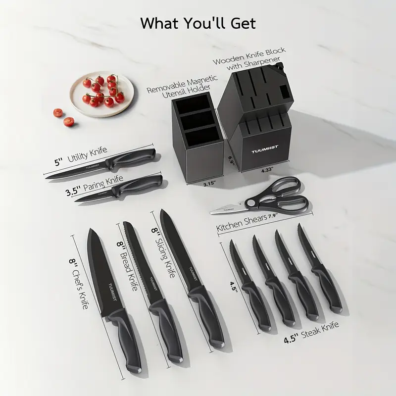 knife block knife set 18 piece kitchen knife set for daily use 10 knives and 6 silicone utensils details 2