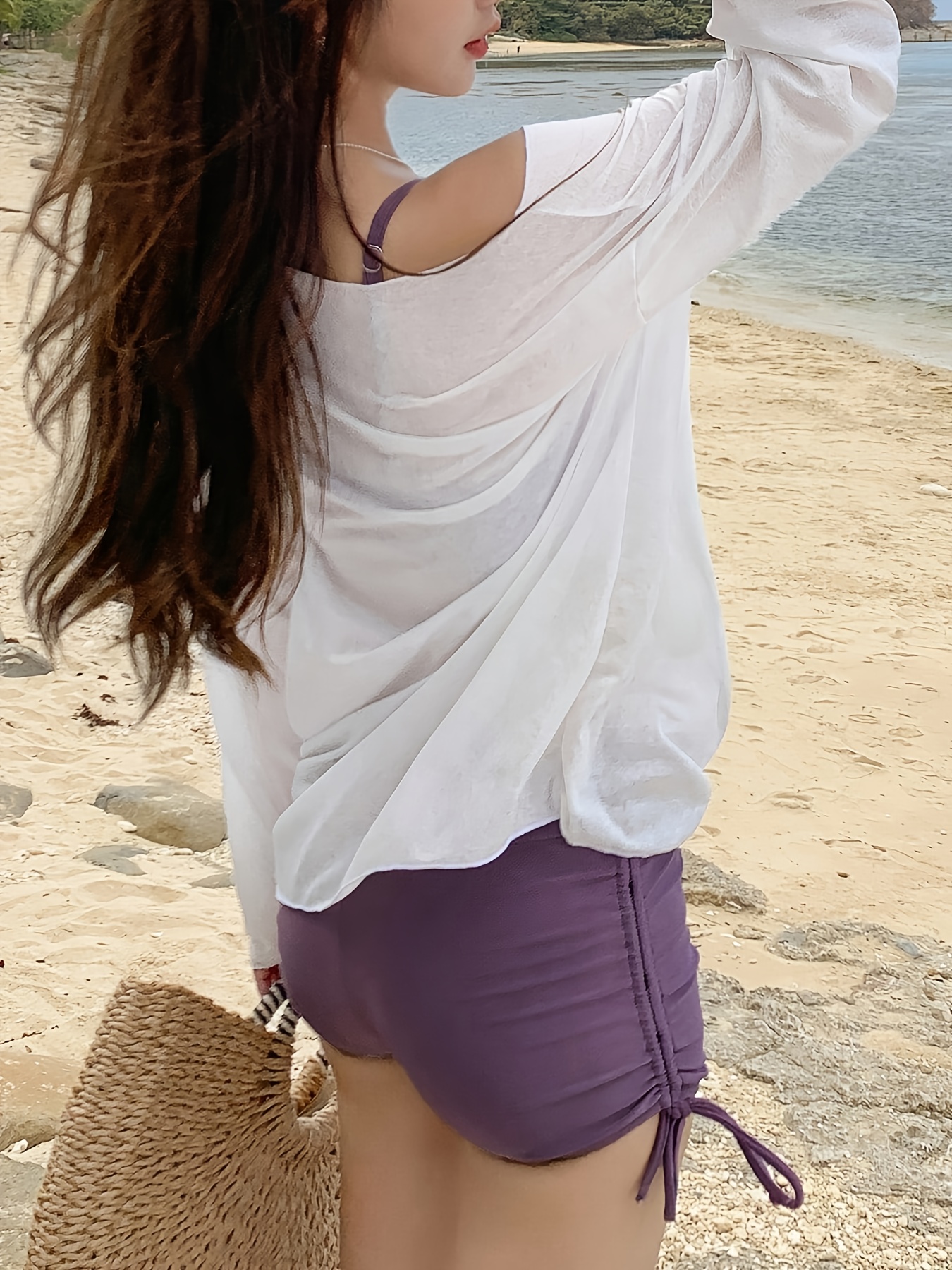 Casual Long-Sleeve Rash Guard Shirt with Drawstring, Belly Cover-Up, Breathable Polyester and Elastane Blend, Summer Beach Top, Spandex,
