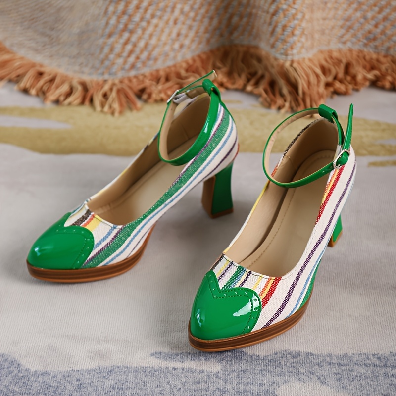 Women's Retro Platform Mary Jane Shoes with Chunky Heel & Multi-Color Striped Design - Round Toe Faux Cover/Fabric Upper, Green/Beige/White/Black/Brown, Comfortable Block Heel & Arch Support, All-Season Casual to Formal Dress Shoes - Vibrant Striped Pattern, Chunky Heel  Cushioned Insole, TPU Sole, Versatile for Casual Attire, Retro Style with Mary-Jane Strap & Buckle Closure, Sparkly Shoes for Women, Petite Pointed High Heel Shoes, Beige Shoes for Women Elegant Classy,