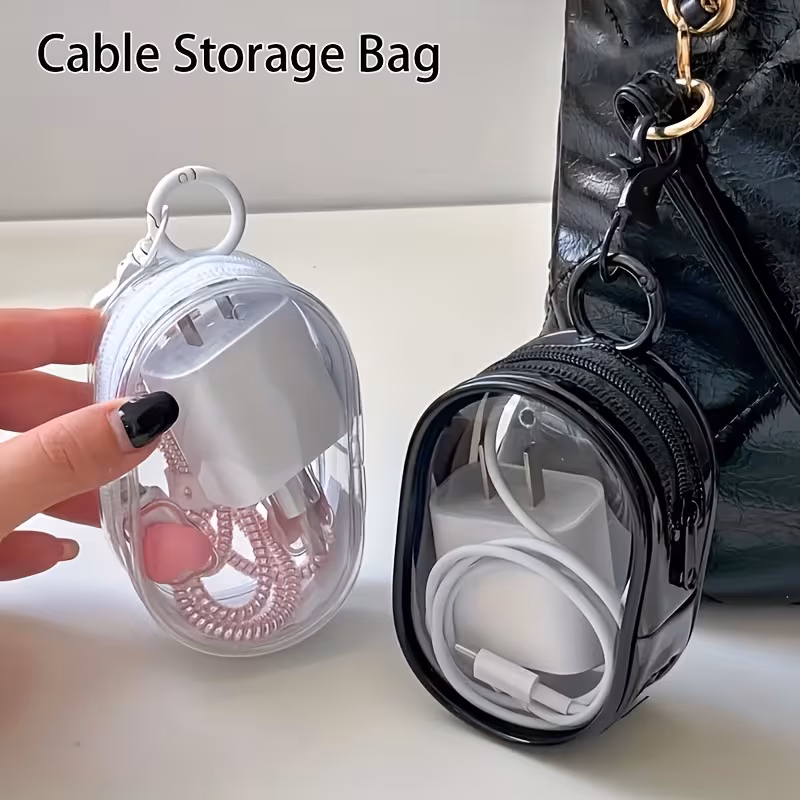 2pcs compact transparent zippered storage bags with keychain durable pvc earphones and travel accessories portable on the go cables not included Product details 0