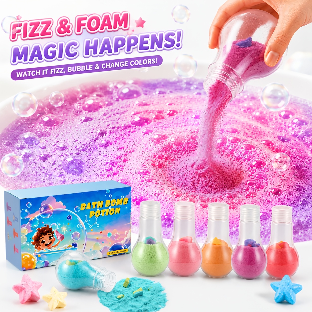 Image of 6pcs Powdered Bubble Color Changing , Bath Additive With Colorful Fun, Enjoy A Of Bathing . In Magical Of A Bubble Bath, Birthday, Halloween And Christmas Gifts For Relaxing