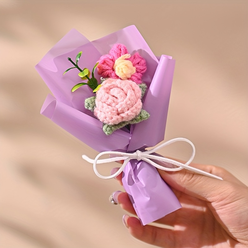 TEMU 1pc Of Faux Flower Knitted Mini Rose Bouquet With Gift Bag, Suitable As A Present For Valentine's Day, Mother's Day, Or Everyday Gifts