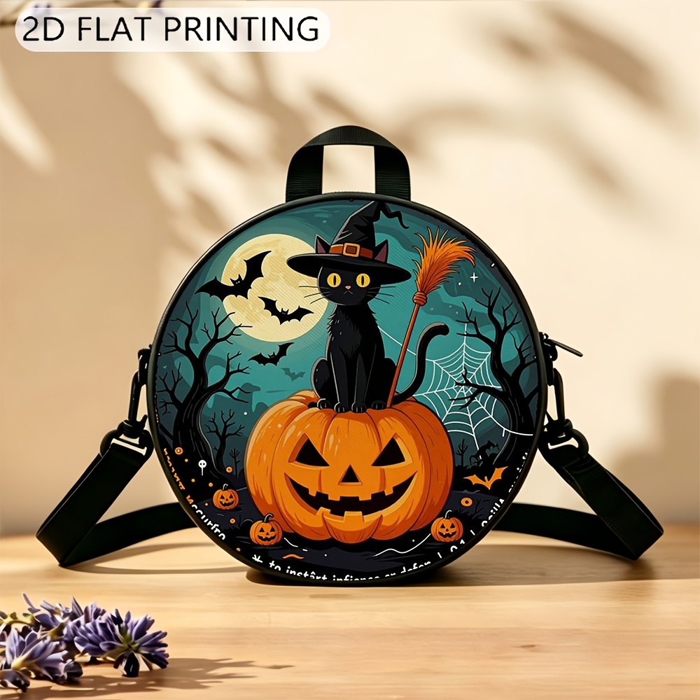 TEMU 1pc 2d Printed Round Shoulder Bag, Halloween Witch Cat Pumpkin Pattern, Women's Adjustable Shoulder Strap With Zipper And Top Handle, Women's