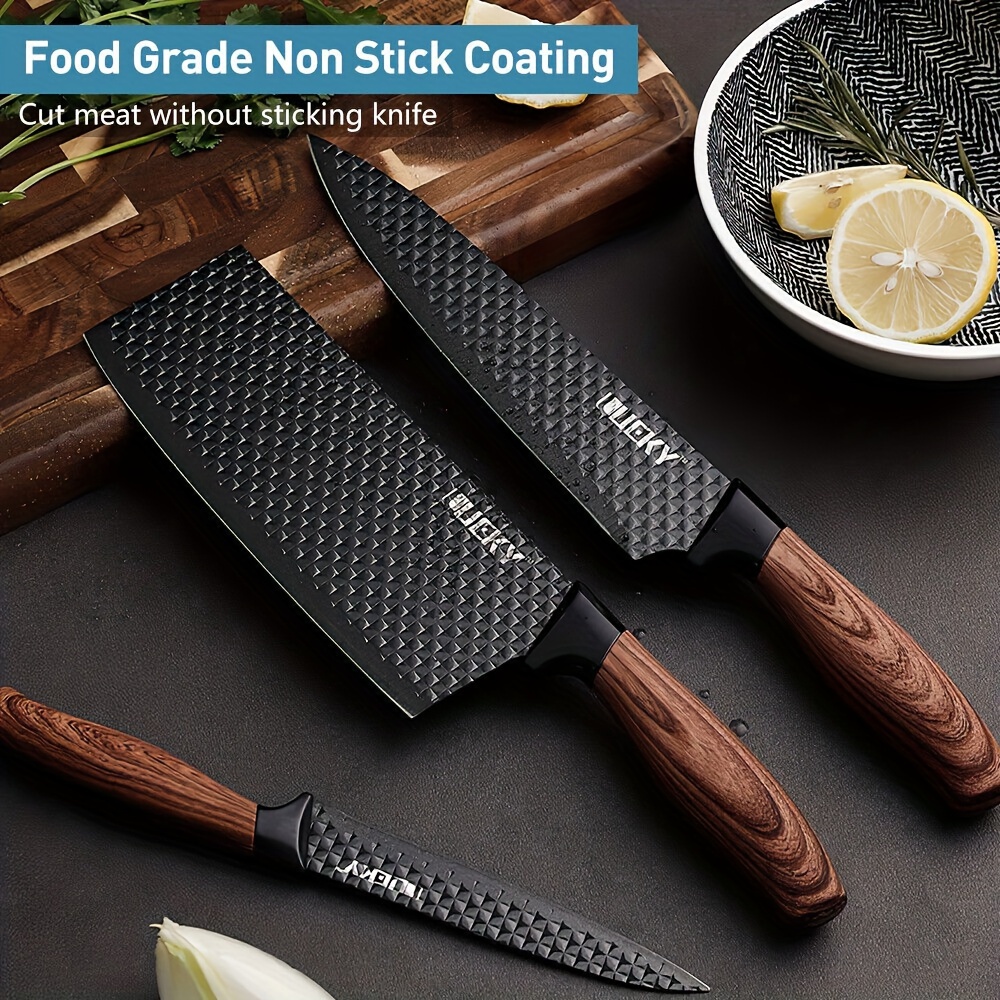 Ensemble de 6 couteaux de cuisine, chef professionnel, couperet, trancheur, couteau utilitaire, éplucheur et ciseaux en acier inoxydable à haute teneur en carbone, ultra-aiguisés avec manche ergonomique en bois antiadhésif, ensemble de couteaux de cuisine pour la maison, les voyages, les légumes, la viande, les fruits avec coffret cadeau