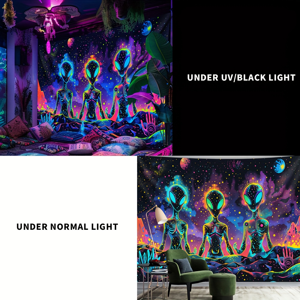 Three Mysterious Aliens Glow In Uv Light Aesthetic Wall Tapestry_voghion.com