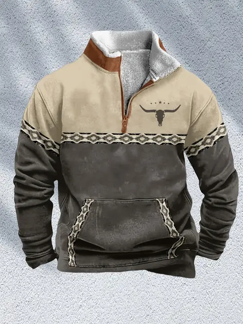 mens southwestern aztec inspired fleece jacket with print 1 4 zip stand collar long sleeve pullover with front pocket warm stylish for fall and winter casual wear jacket aztec fur trim