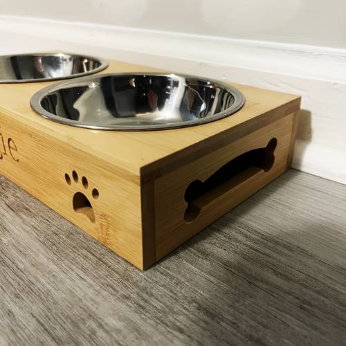 Classic Bamboo & Wood Dual-Bowl Bowl - 12, 5.08cmx6, 2.54cmx2, 17.78cm Customizable , Durable High-Quality Design for Small Pets, & Space-Saving Feeding Solution, Pet Feeding Accessory, Personalized , Sturdy Construction