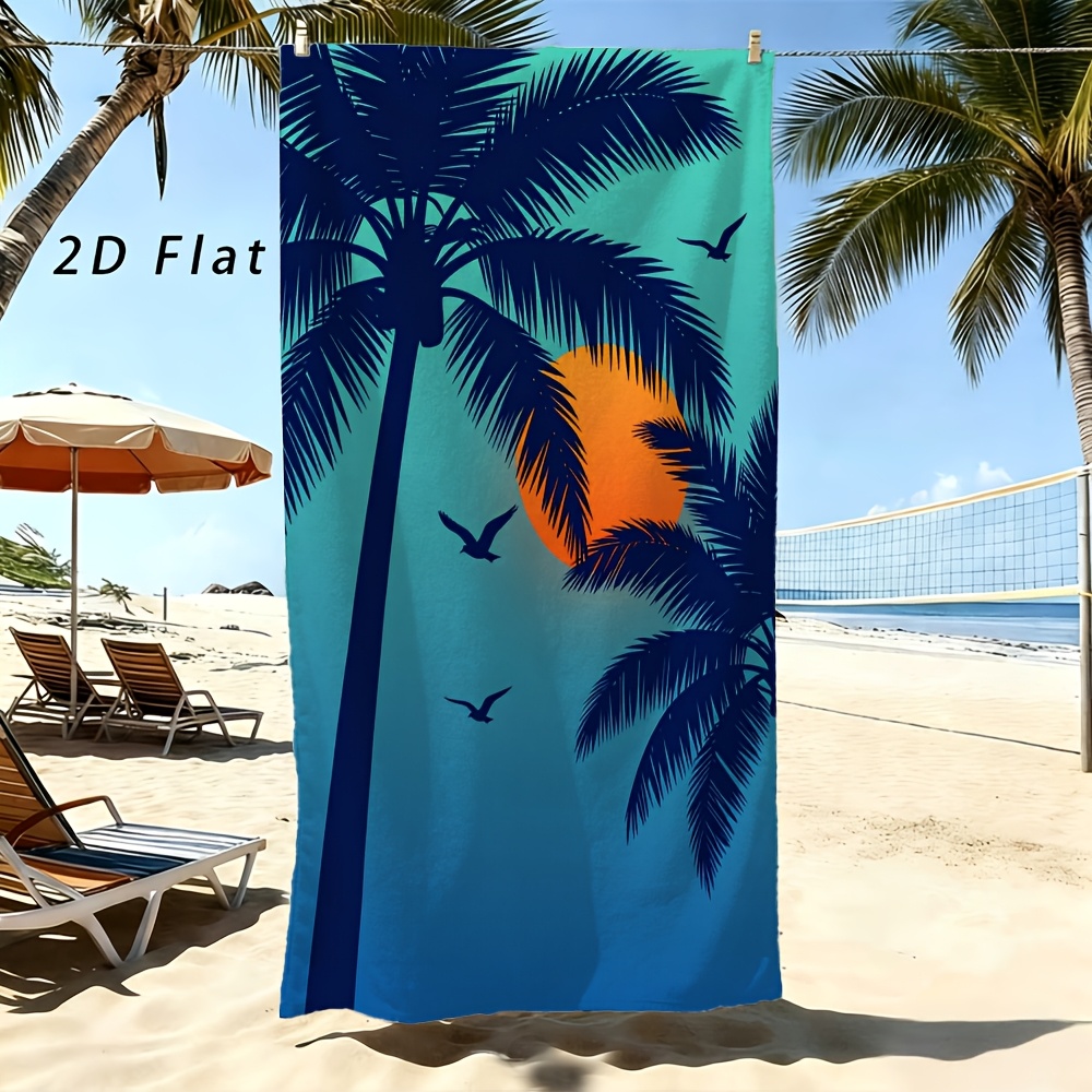 Image of Beach Towel, Palm Printed Towel, -green And Orange Sunset, Beach Blanket With Palm Trees And , Vintage Coastal Pattern Beach Towel, Gradient Color Towel