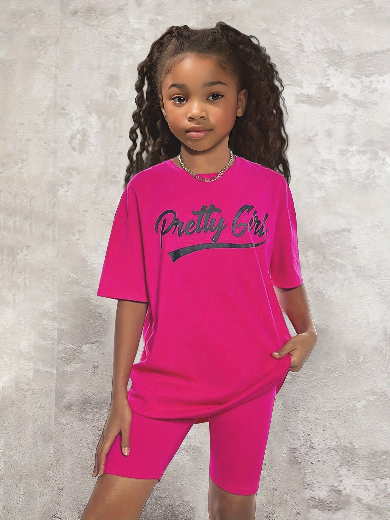 Short Sleeve Biker Short And T Shirt Set Girls 2pcs Chic Letter Crew