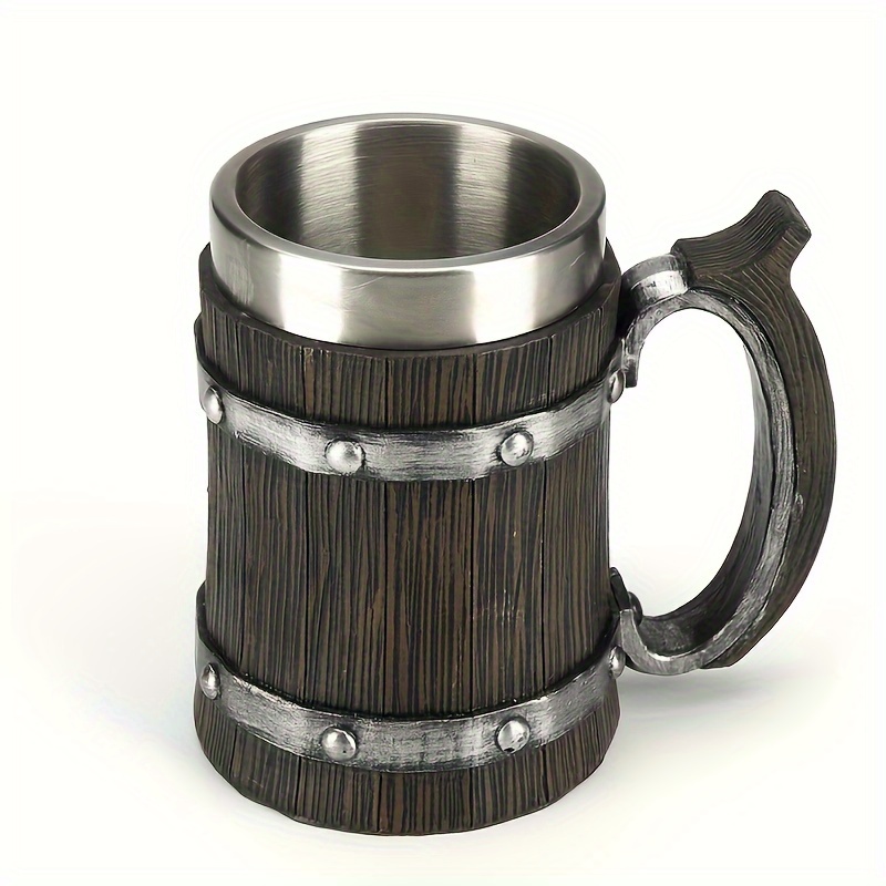 TEMU 1pc Vintage Beer Mug - 20oz Stainless Steel With Wood-like Texture & Metallic Accents, Large Capacity Resin Cup For Men, Summer Beverages,