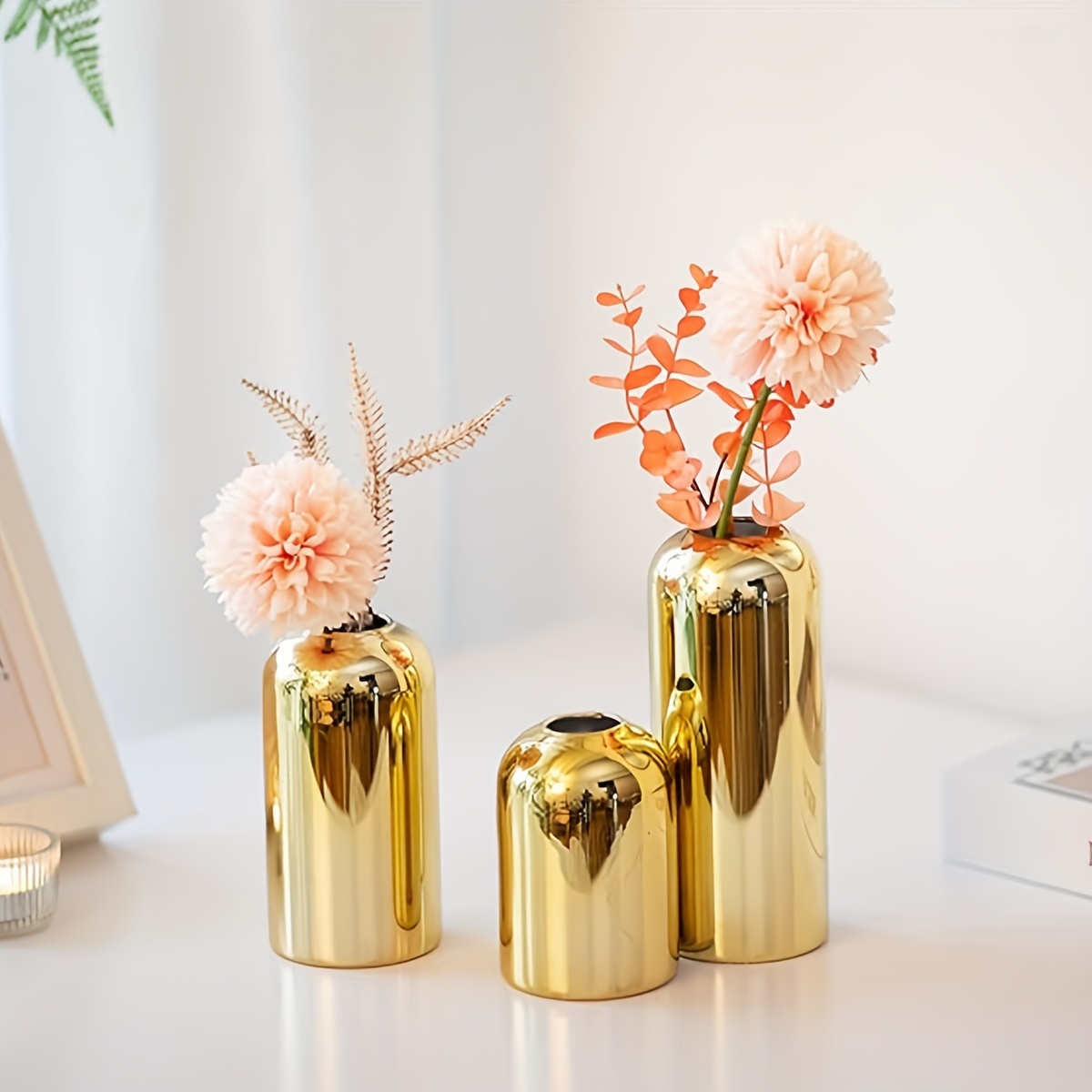 Image of 3/light Luxury Golden Glass Vase, Home Desktop Flower Arrangement Container, Holiday Gift, Fresh Flower Decoration Ornaments, Hydroponic Plant Vase