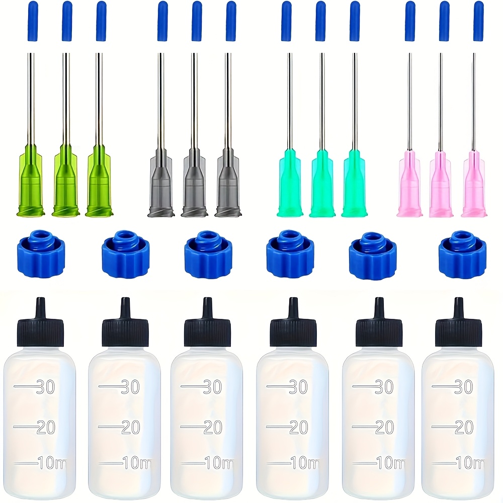 6pcs 30ml Precision Tip Dispensing Bottle Set - Plastic Squeeze Dropper With Multiple Flat Needles, Round Unscented, Suitable For Glue, Paint, Oil
