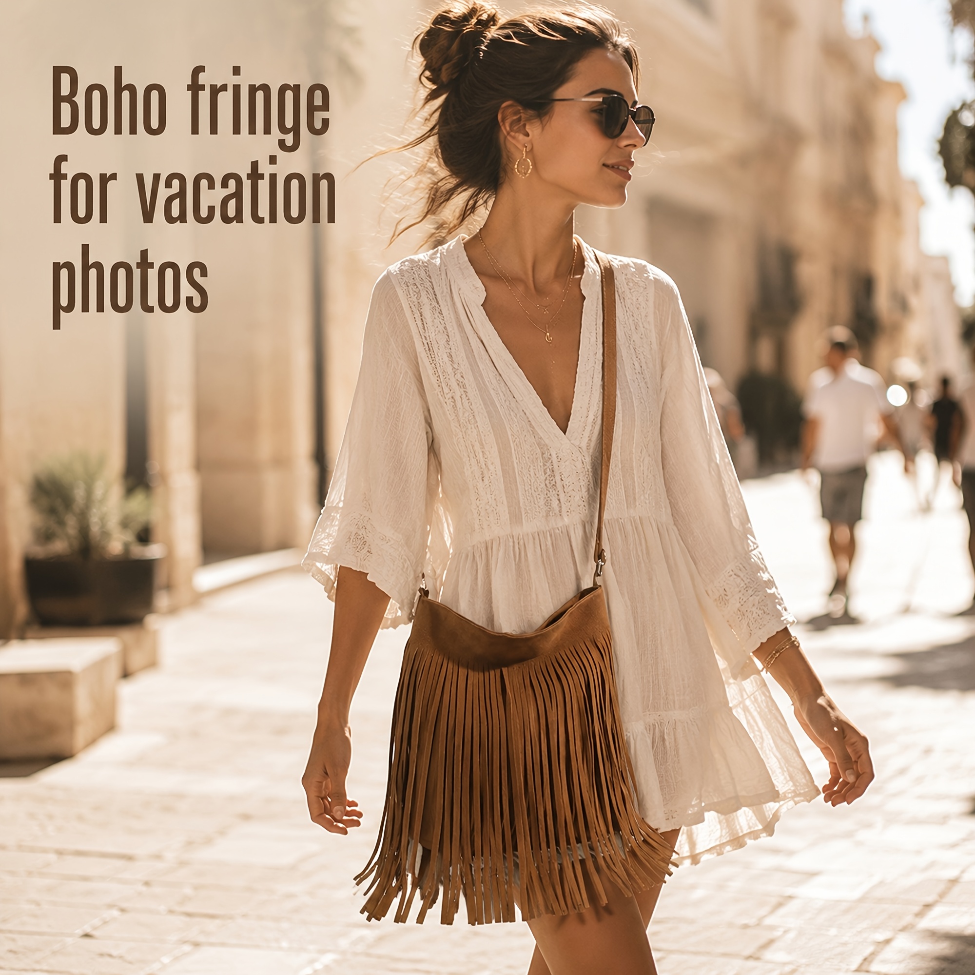 TEMU Women's Crossbody Bag 1pc Brown Bohemian Tassel Bag Retro Western Style Tassel Ethnic Style Vacation Travel All-match Tassel Shoulder Bag
