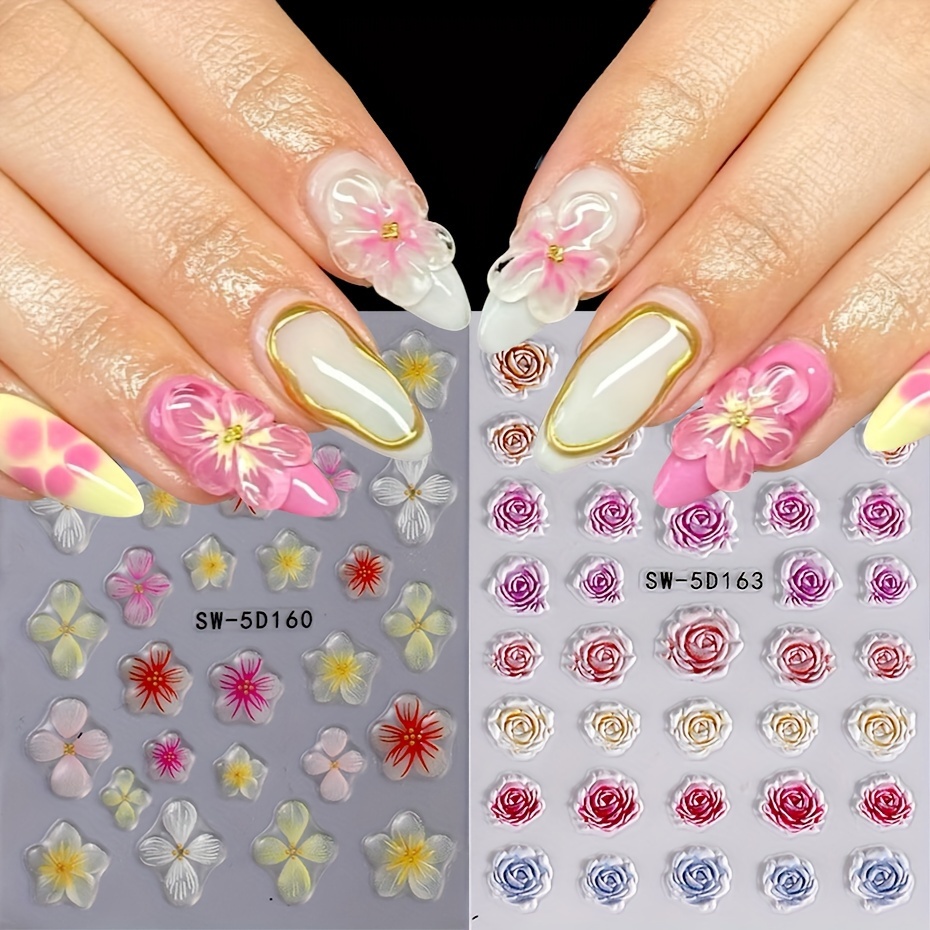 

2-pack 5d Embossed Orchid & Rose Nail Art Stickers - Self-adhesive, Sparkle Finish For Diy Manicure Decor Flower Nail Stickers Nail Art Flower Charms