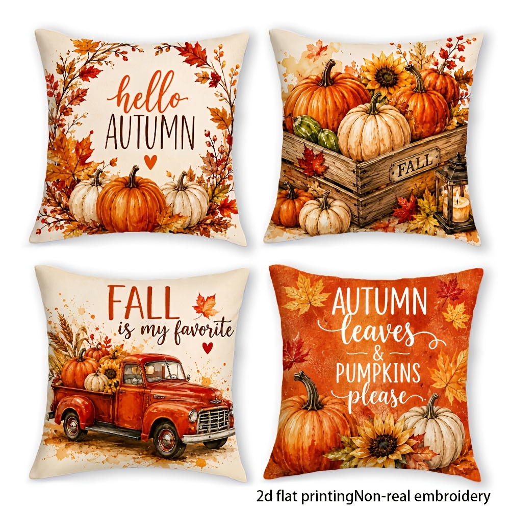 TEMU 2d Flat - 4pcs Vintage Watercolor Autumn Throw Pillow Covers, Double-sided 2d Flat Print Truck With Pumpkin & Fall Slogan Cushion Cases, Zipper