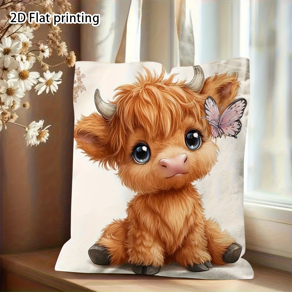 TEMU 1pc Cute Scottish Highland Cow & Tote Bag - Double-sided Print Durable Casual Handbag With Adorable Cow Design, Machine Washable Case Suitable