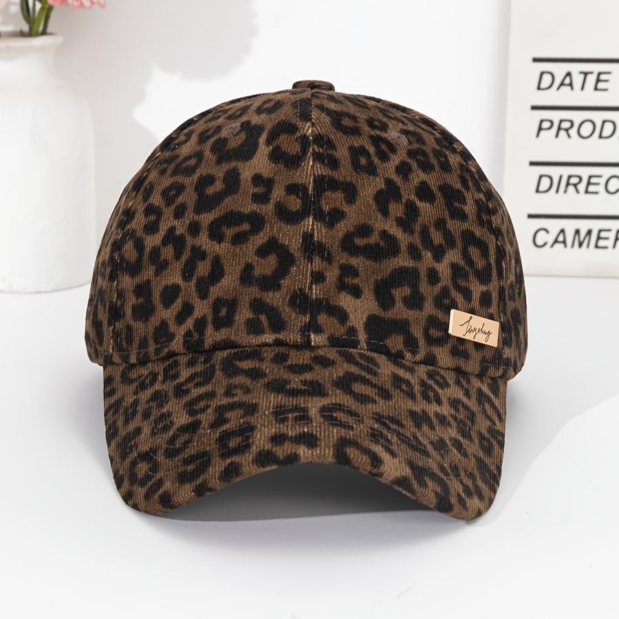TEMU Women's Leopard Print Corduroy Baseball Cap, Adjustable Casual Outdoor Dad Hat
