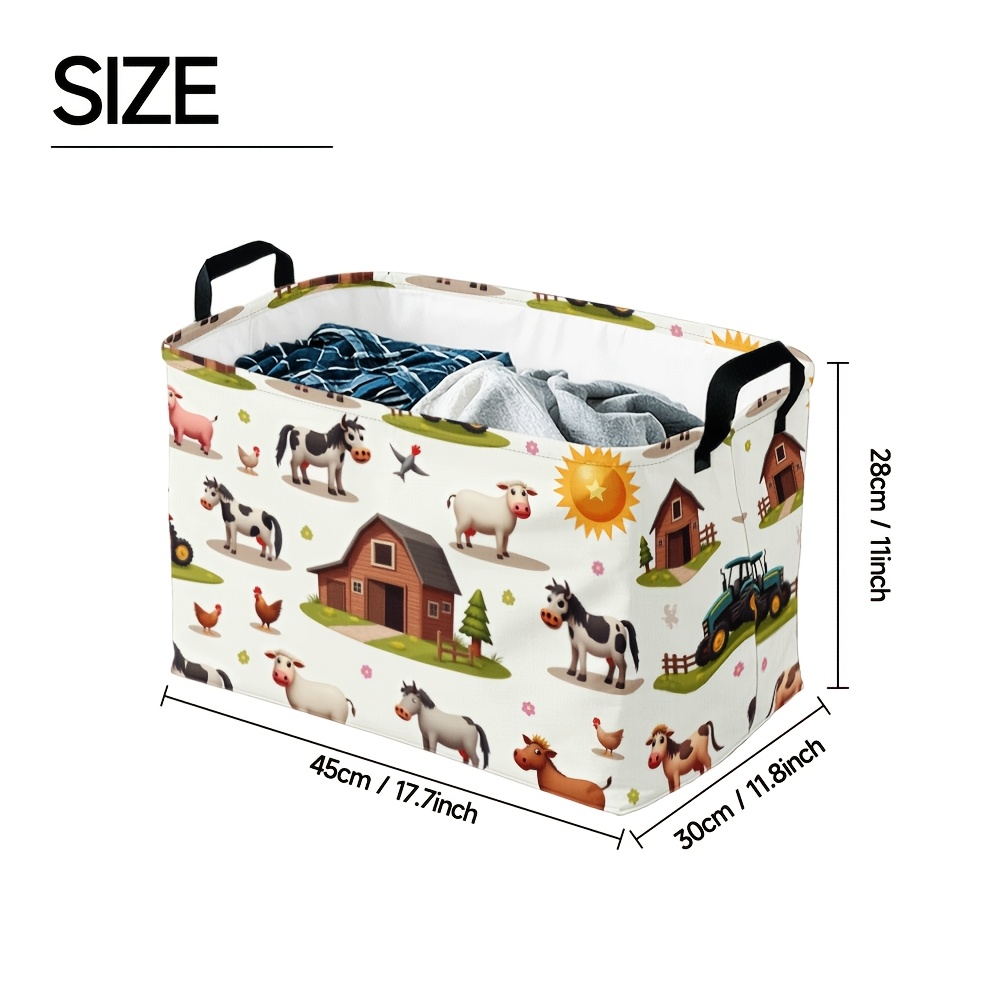 TEMU 1pc Farm Pattern Storage Basket With Handles - Collapsible Polyester Organizer Bin, Contemporary Farm Animal & Tractor Design For Home,, Laundry, Bedroom, Kitchen Storage