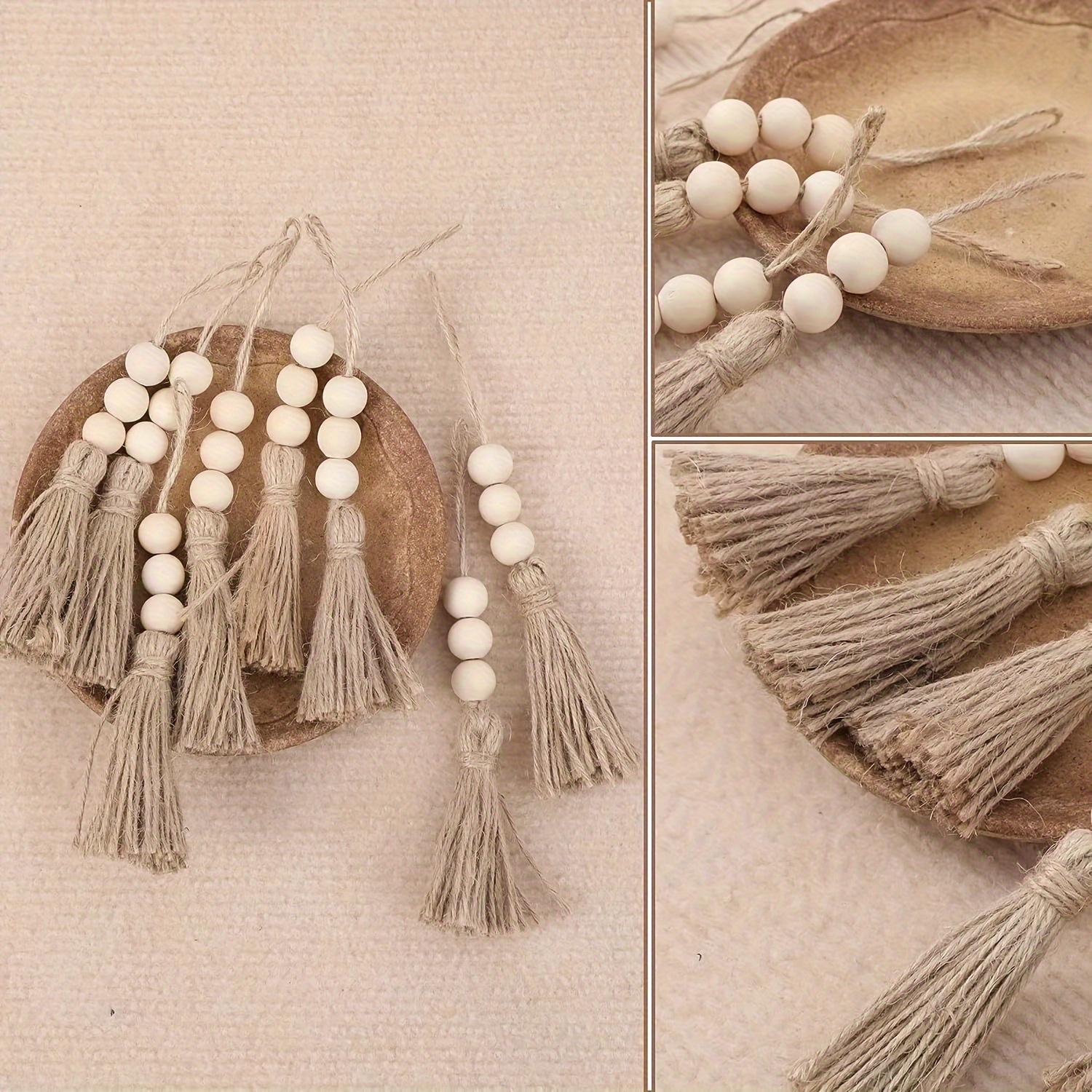 

5pcs Handmade Tassel Wooden Bead Pendant With Yellow Hemp Rope, A Party Decoration, Backpack Accessory, Living Room House Decoration