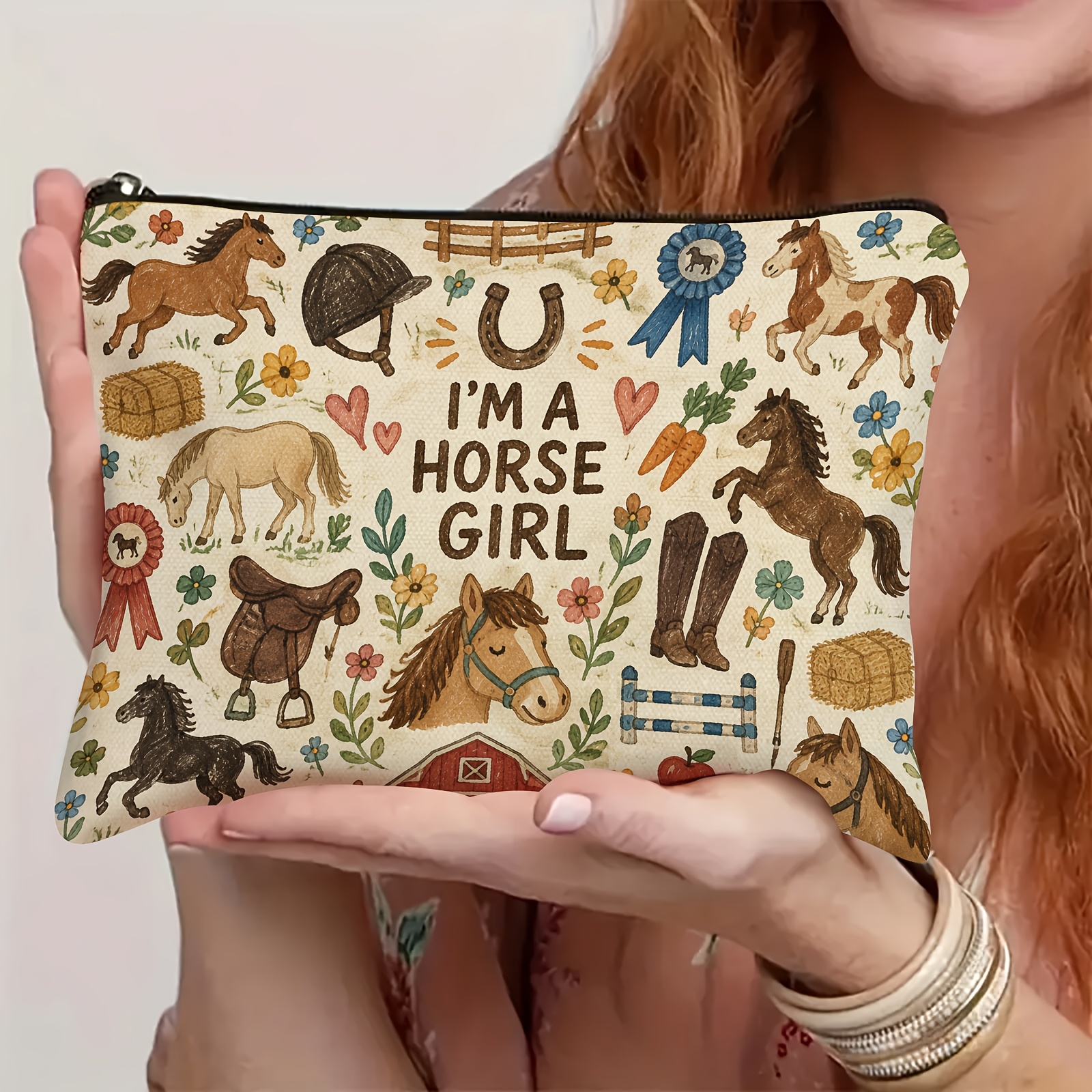 TEMU Sac à fermeture éclair Ferme Équestre - Motif Fille à cheval et poneys aquarelle avec bottes à ruban, sacs à foin et pour maquillage, soins de ,