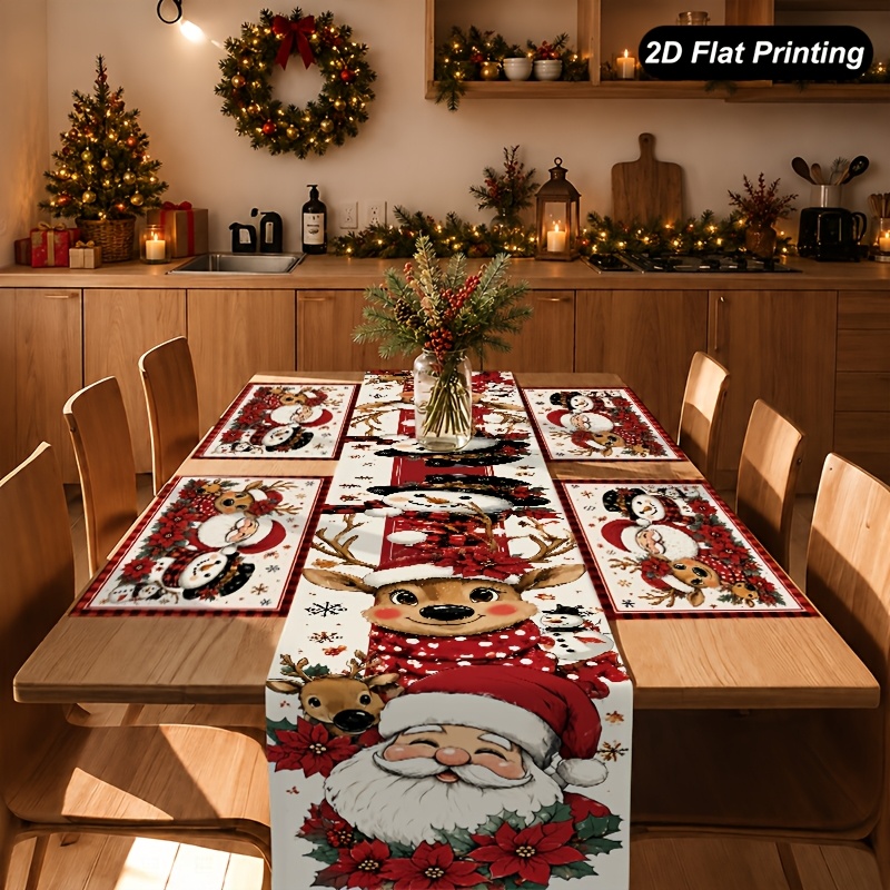 5 7pcs 2d flat santa snowman reindeer poinsettia table runner and placemat 1pc table runner 4 6pcs placemat seasonal table decorations country farmhouse kitchen decorations for living room restaurant winter decor 2d flat