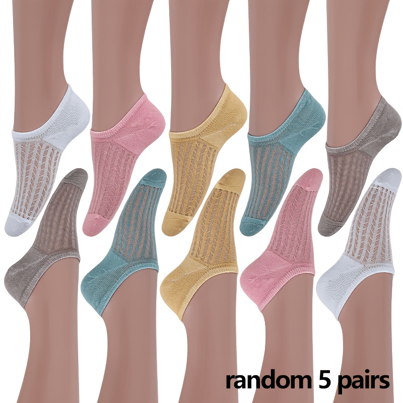 TEMU Random 5 Pairs Of Summer Women's Thin Mesh Breathable Candy-colored Invisible Boat Socks, Solid Color Easy All-match For Daily Wear
