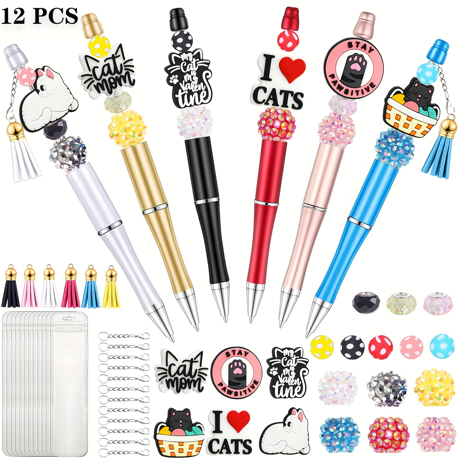 12pcs cute cat series bead pen set, diy loose ballpoint pen birthday gift, back to school gift, christmas gift, plastic, retractable, twist closure, medium point, with cat themed accessories, for school, office, and diy projects, school supplies |   design | durable plastic, cat accessories Product details 0